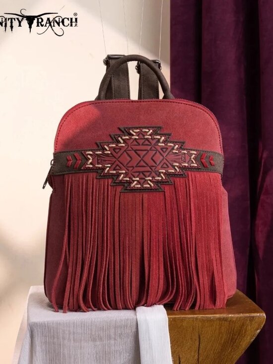 Trinity Ranch Aztec Tooled Fringe Concealed Carry Backpack Burgundy main image 5